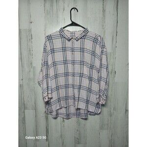 American Eagle AEO Women's Pink Blue Plaid Button Up ¾ Sleeve Shirt Size Large